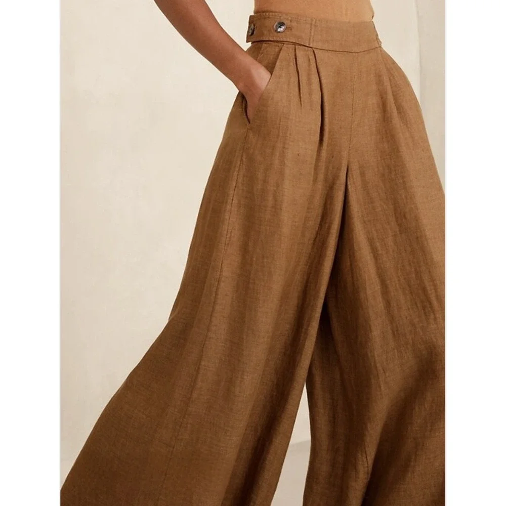 Banana Republic Lina Wide Leg Linen Pants Brown Pleated High Rise NWT 8